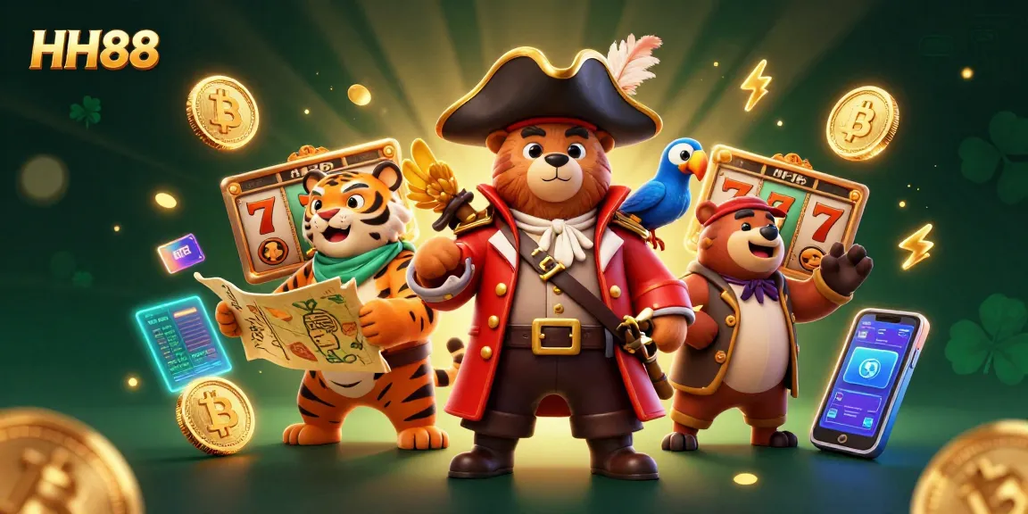 Experience the thrill of HH88 as a pirate captain bear spins slots with Bitcoin and Ethereum treasures.