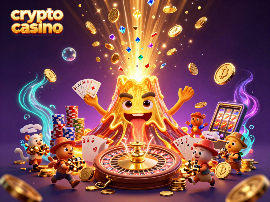 Engage in a thrilling crypto casino experience with animated characters and dazzling treasures.