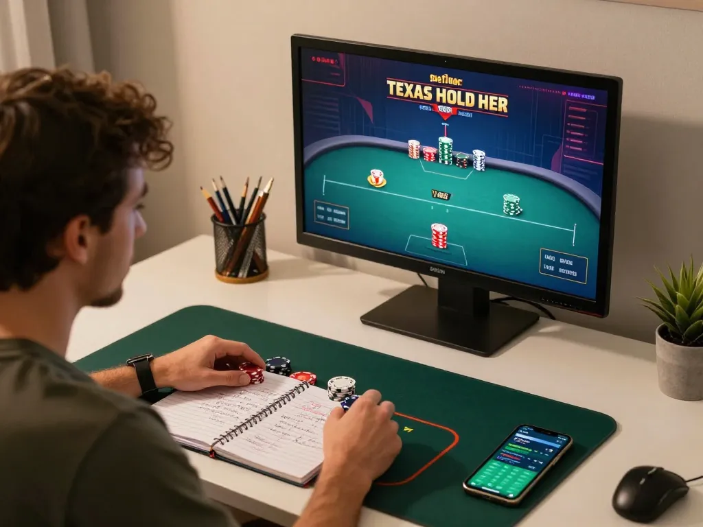 Player strategizing during a high-stakes poker game at 789win online casino, showcasing a focused gaming environment.