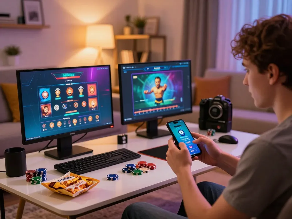 Engaging with the kdslot app on a smartphone in a cozy home gaming setup.