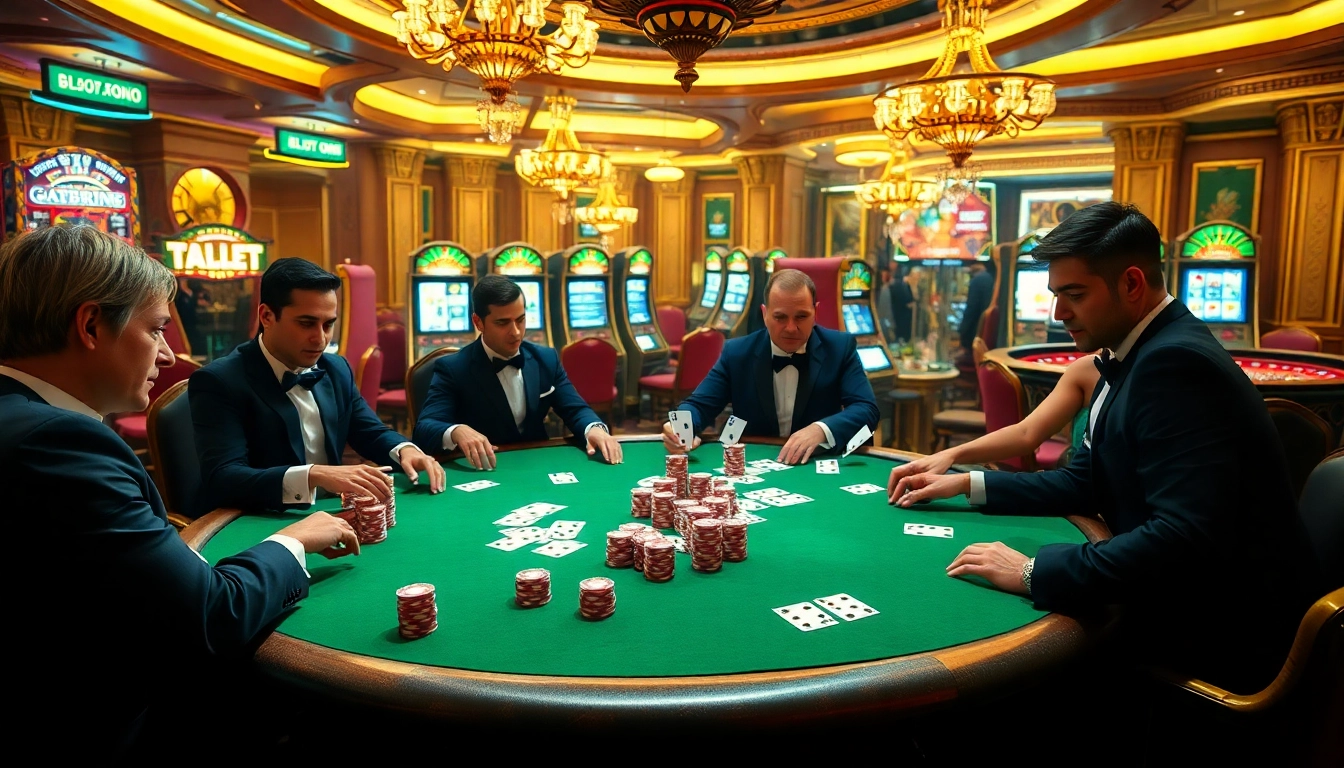 Engaged gamblers playing poker in a luxurious casino scene at tabet with vibrant lighting and rich colors.