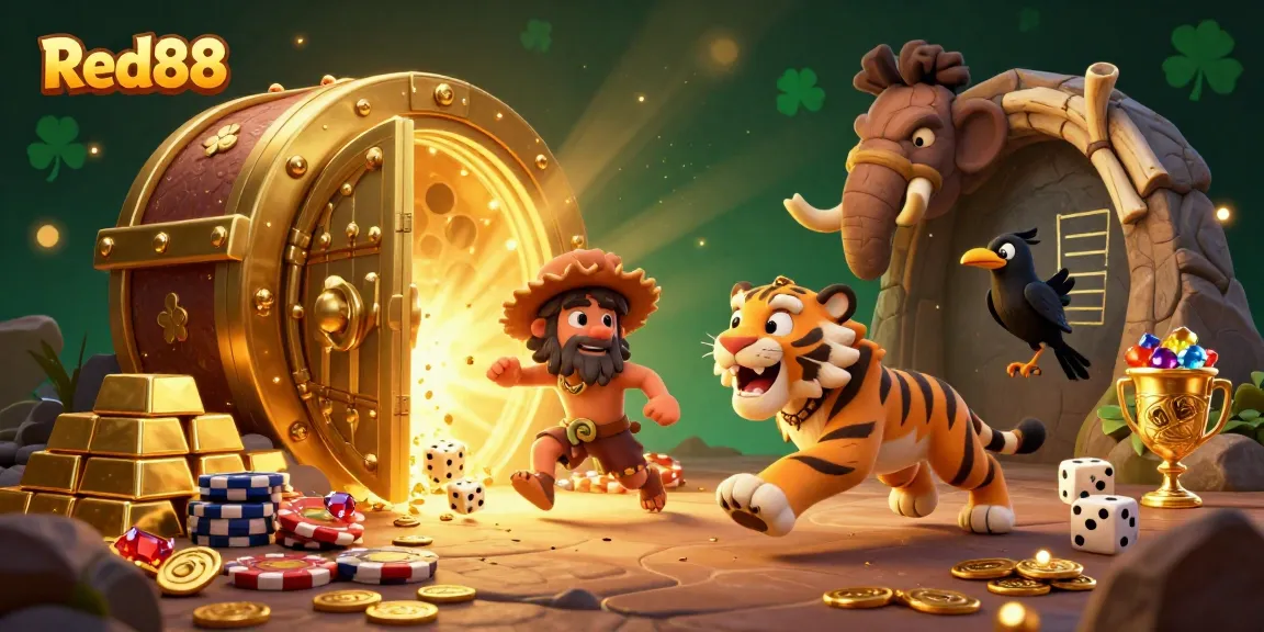 Experience thrilling gambling at Red88 with a playful caveman duo running a prehistoric casino.