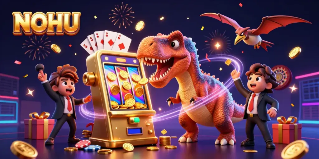 NOHU showcases a dynamic casino scene with a dinosaur winning jackpots and bonuses.
