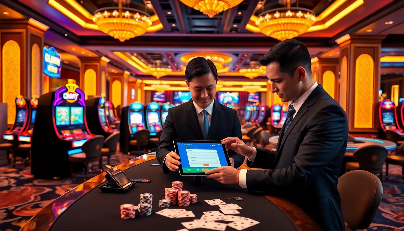 Register for Đăng Ký Nhà Cái 68VIP at an elegant casino registration desk with vibrant casino elements.
