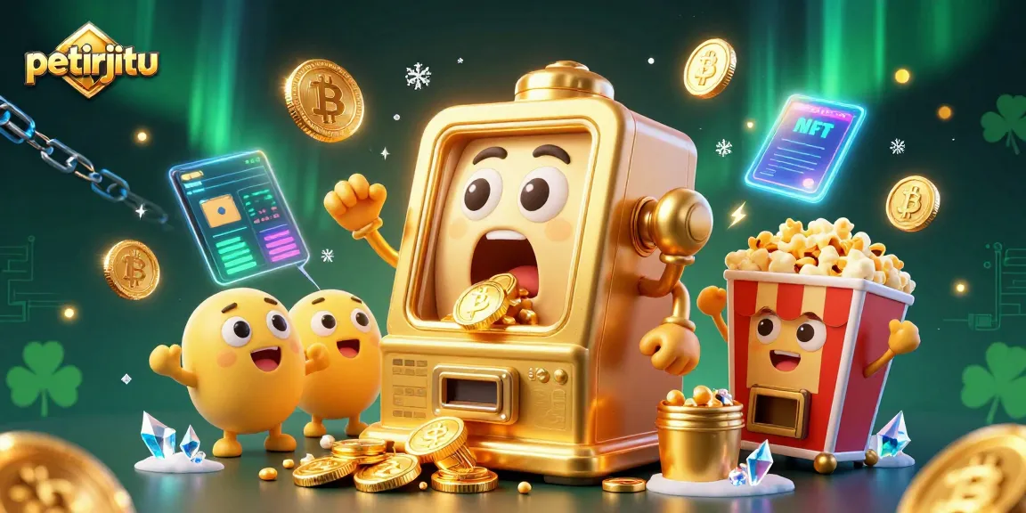 Petirjitu mengakses jackpot dengan mesin slot emas lucu dan koin berkilau di sekitarnya.