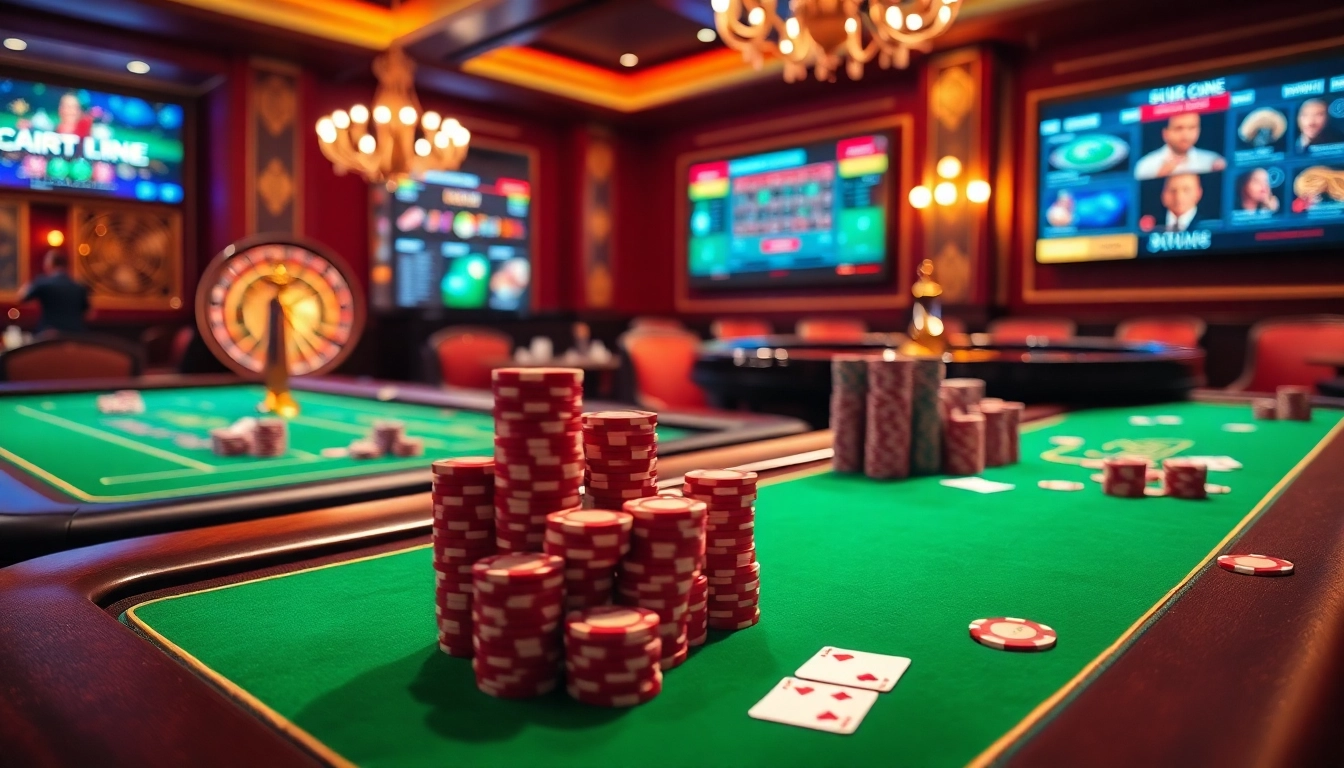 Engaging scene of rút tiền xn88 at a luxury casino with poker chips and a roulette wheel.