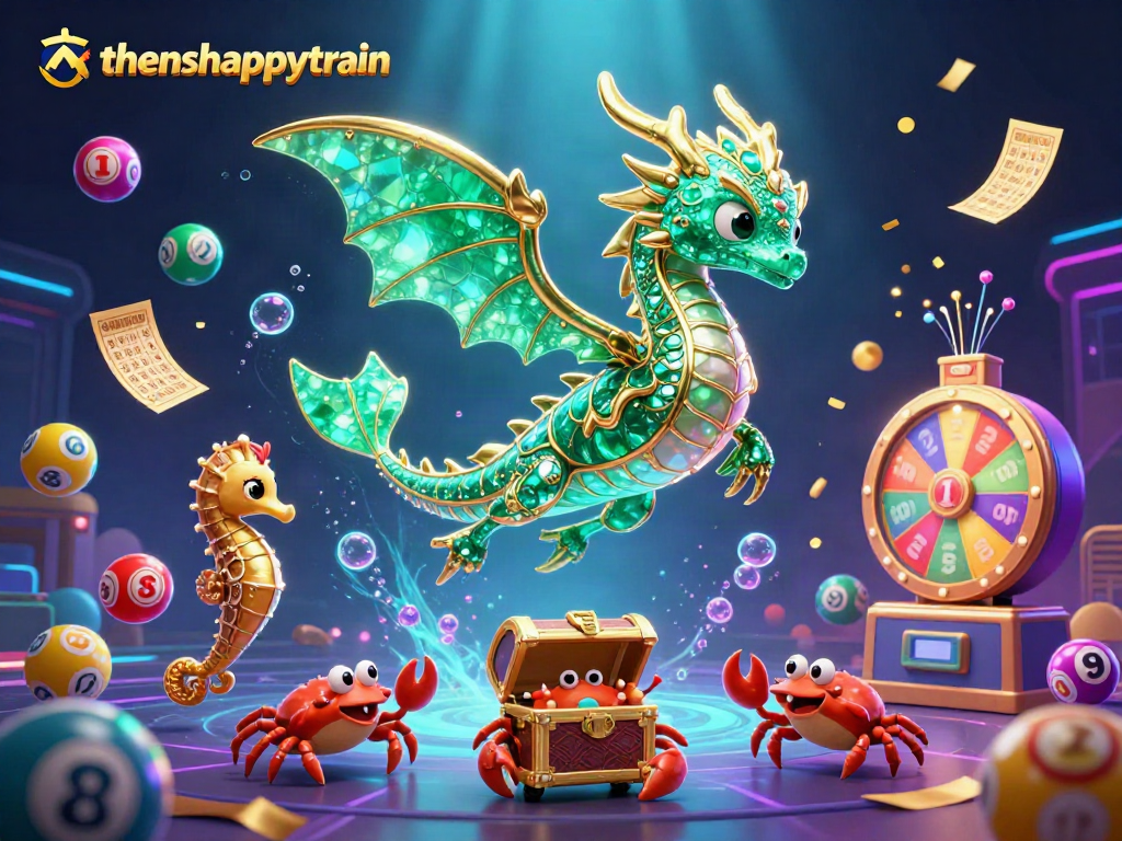 The athenshappytrain scene showcases a vibrant lottery fantasy with a sea dragon and colorful lottery elements.