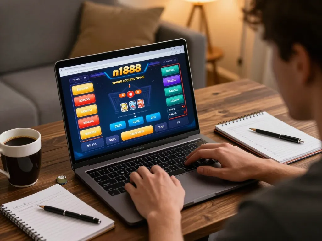 Player engaging with n1888 poker game on laptop at home, showcasing a strategic gambling setup.