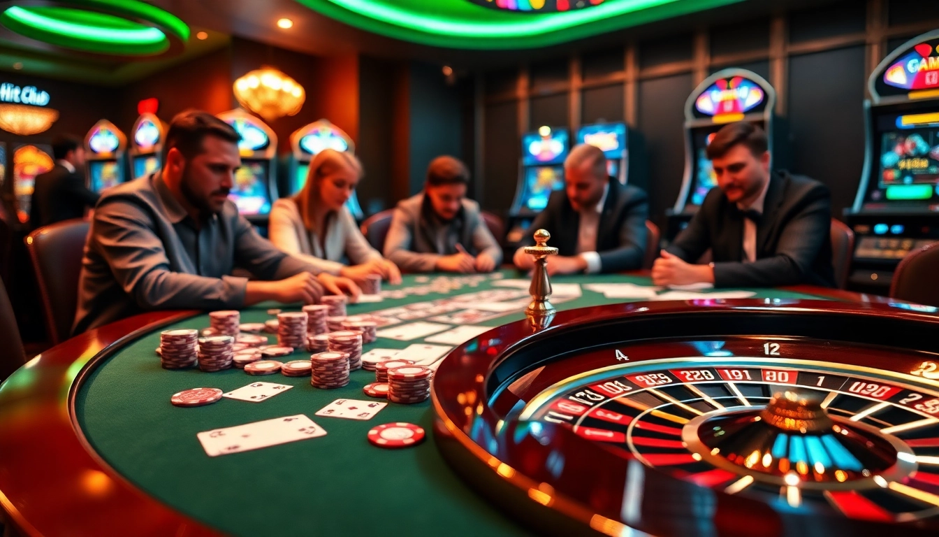 Action-packed scene of Game Hitclub featuring a vibrant poker table and roulette wheel.