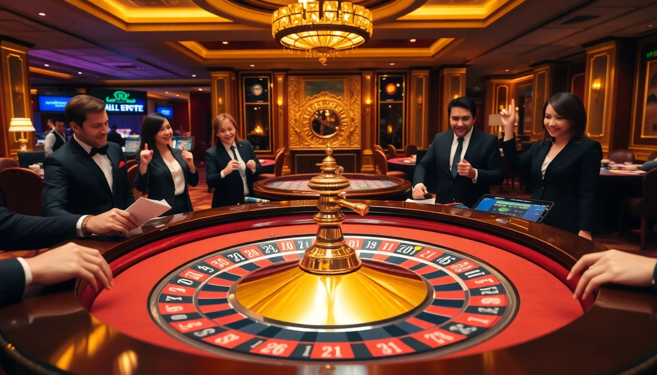 Exciting casino scene at https://xx88.ai/ featuring roulette table, vibrant players, and modern betting interfaces.