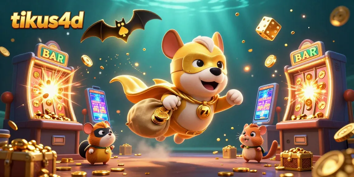 Experience thrilling jackpots with tikus4d as a superhero dog and hamster bring luck and fun in a colorful casino scene.