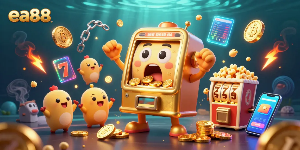 Win big with ea88 as the golden slot machine hits its jackpot, surrounded by cheering machines.
