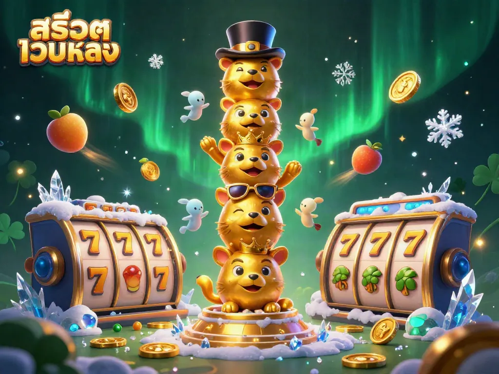 Engage with สล็อตเว็บตรง through vibrant 3D illustration of a dynamic casino scene showcasing a totem pole and slot elements.