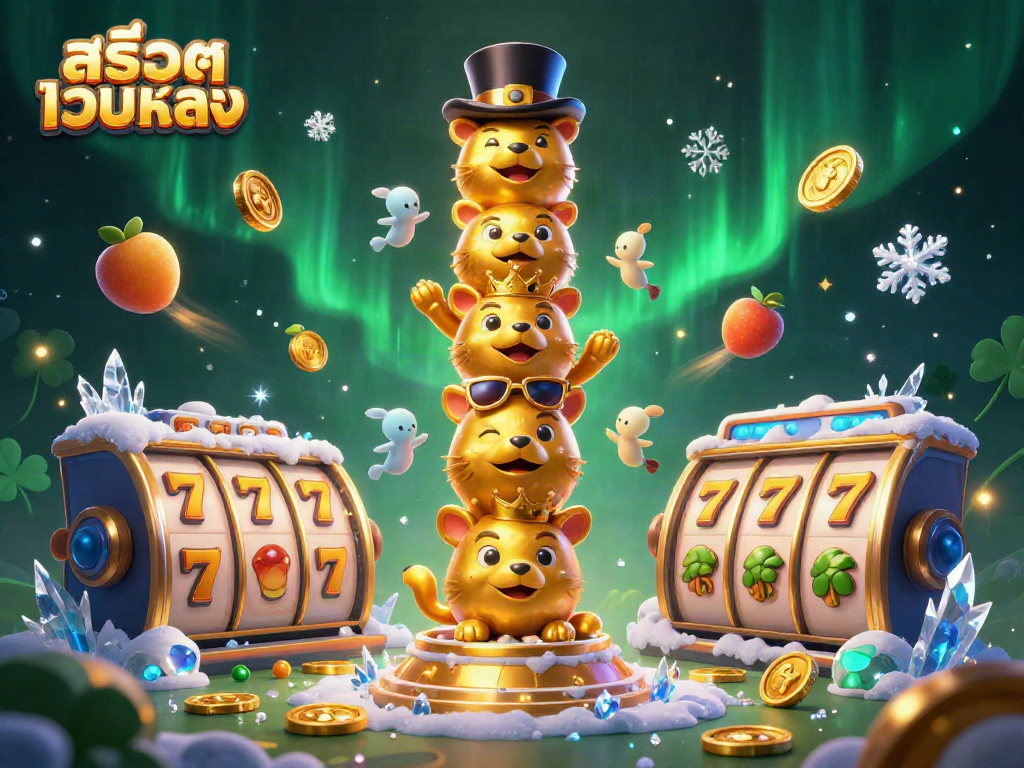 Engage with สล็อตเว็บตรง through vibrant 3D illustration of a dynamic casino scene showcasing a totem pole and slot elements.