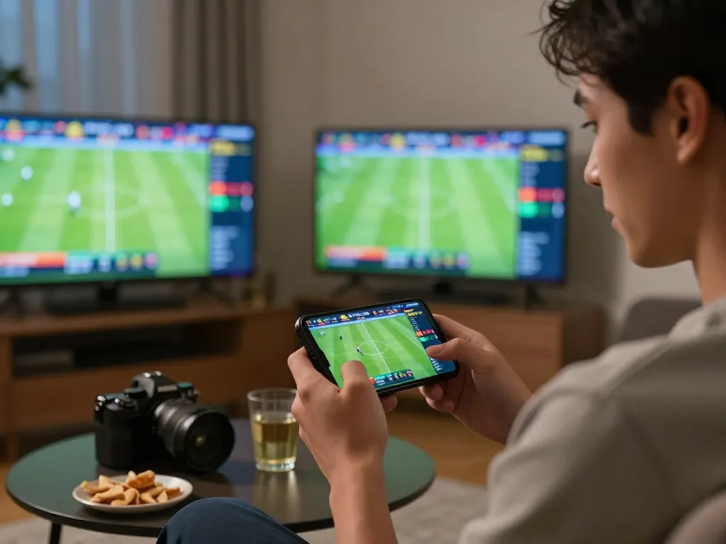Excited individual placing sports bets using smartphone while enjoying live soccer action through the website smartcityhostels.