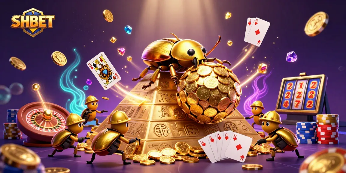 SHBET showcases an exciting online casino experience with coins, games, and spirited beetles in 3D.