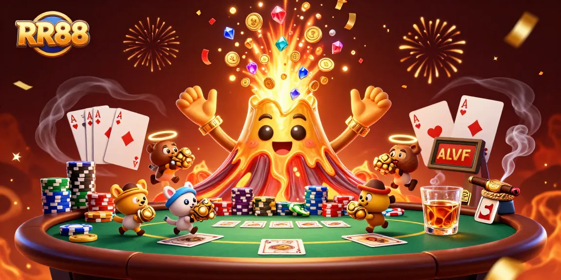 Experience the thrill of RR88 casino games with gold coins and poker chips in illustrated adventure.