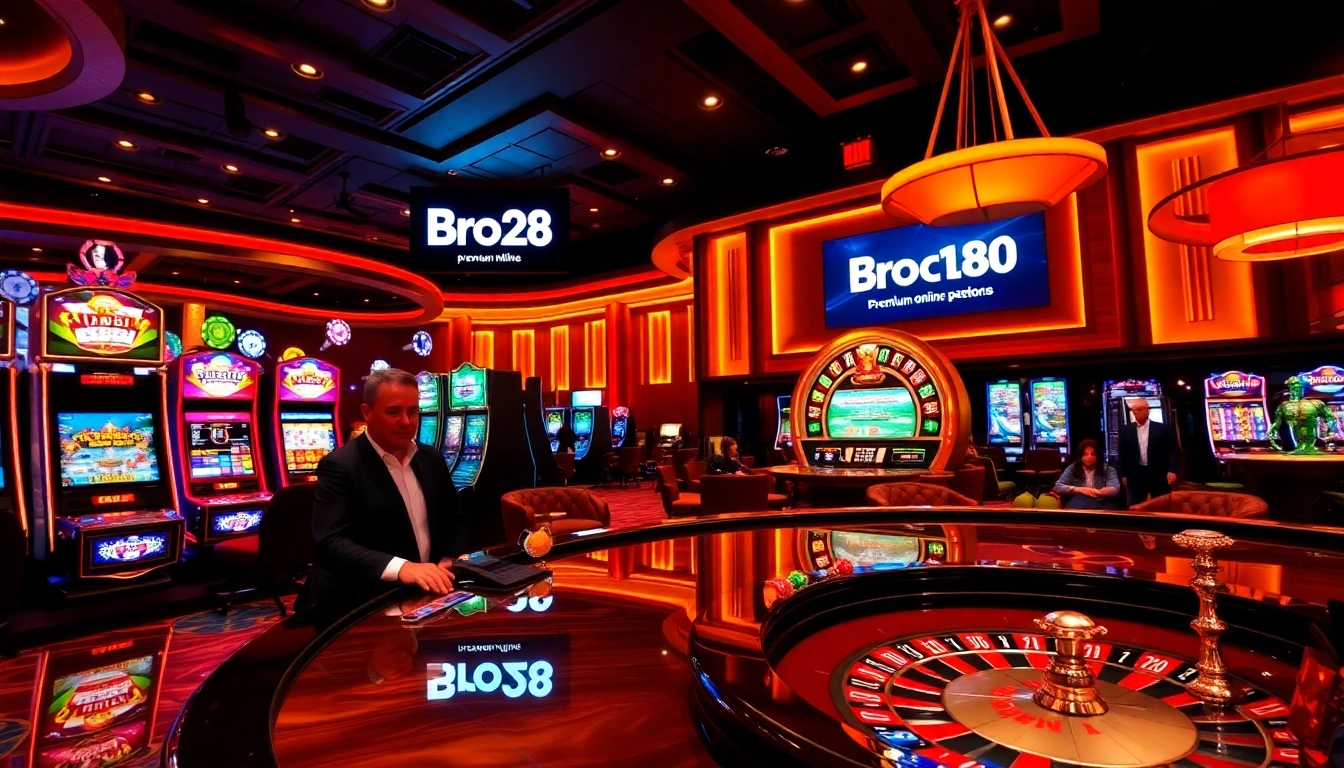 bro138 showcases an elegant casino scene with vibrant slot machines and engaging players at a poker table.