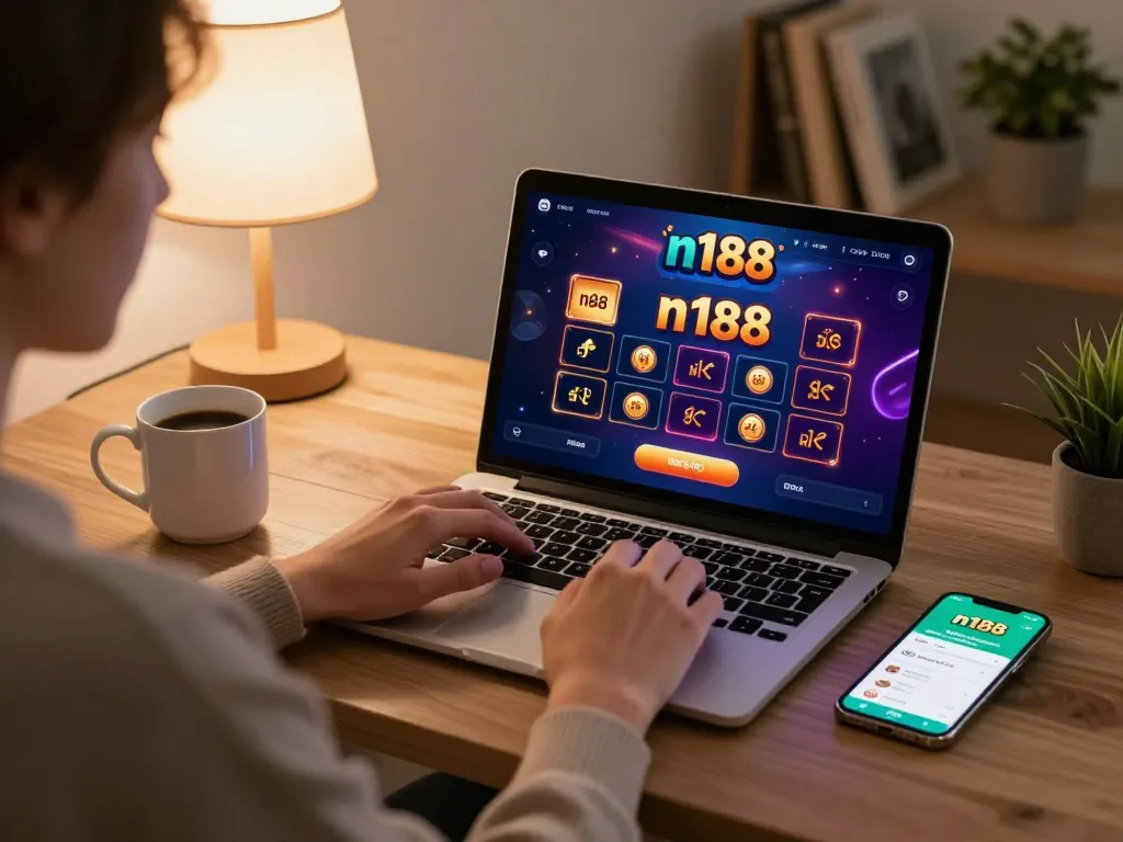 Engaging in n188 đăng nhập through online gaming at home, showcasing excitement and strategy in a cozy setup.
