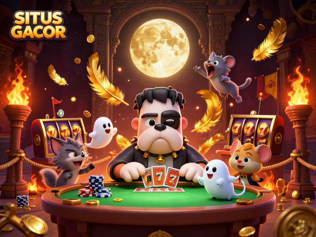 SITUS GACOR themed illustration with a Frankenstein bulldog monster dealing cards amid dramatic casino elements.