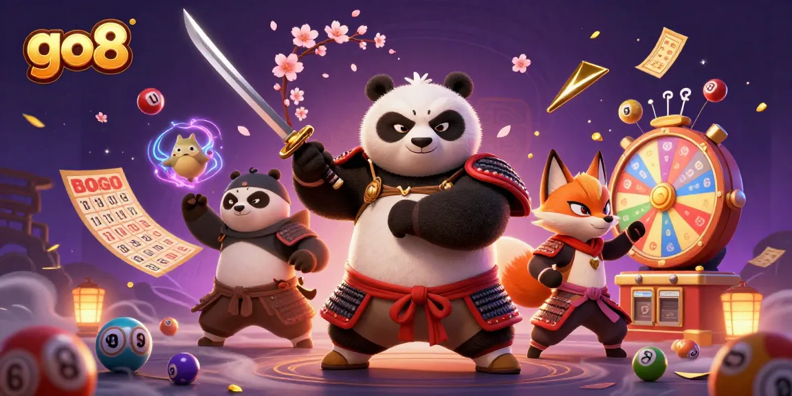 Experience the thrill of go8 with a dynamic casino scene featuring a samurai panda, ninja fox, and magical elements.