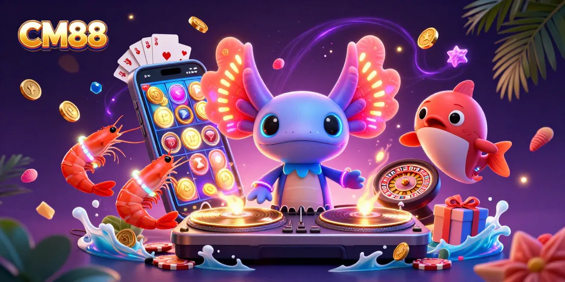 Experience CM88 with a vibrant gaming scene featuring a neon axolotl DJ and slot games.