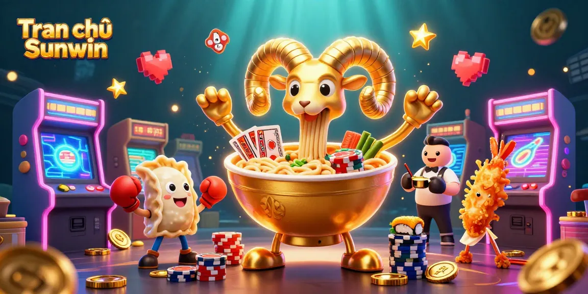 Engaging scene of Tran chủ Sunwin with a golden ramen bowl handling casino cards while vibrant game elements surround.