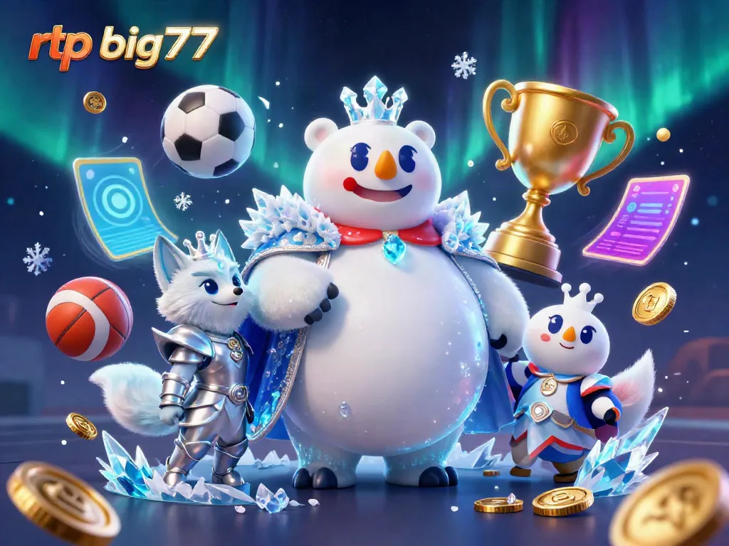 Engage with rtp big777 in a dynamic scene showcasing an ice king polar bear and snow fox among vibrant sports elements.