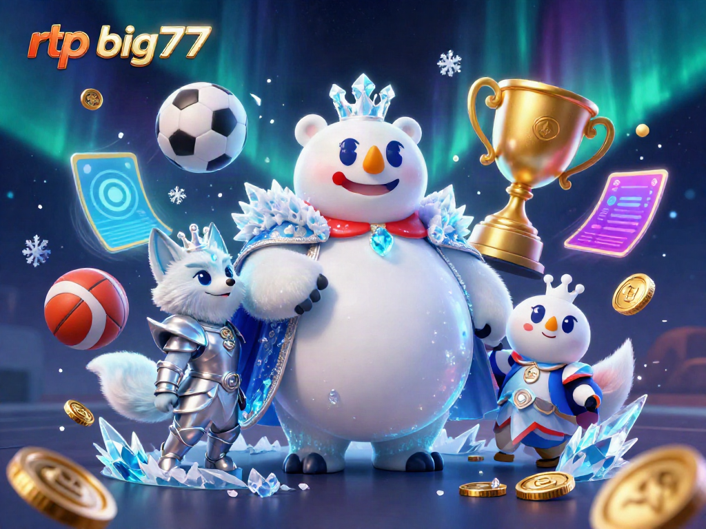Engage with rtp big777 in a dynamic scene showcasing an ice king polar bear and snow fox among vibrant sports elements.