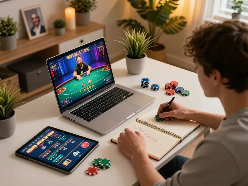 Sc88 player engaged in online poker game revealing strategies on laptop and tablet