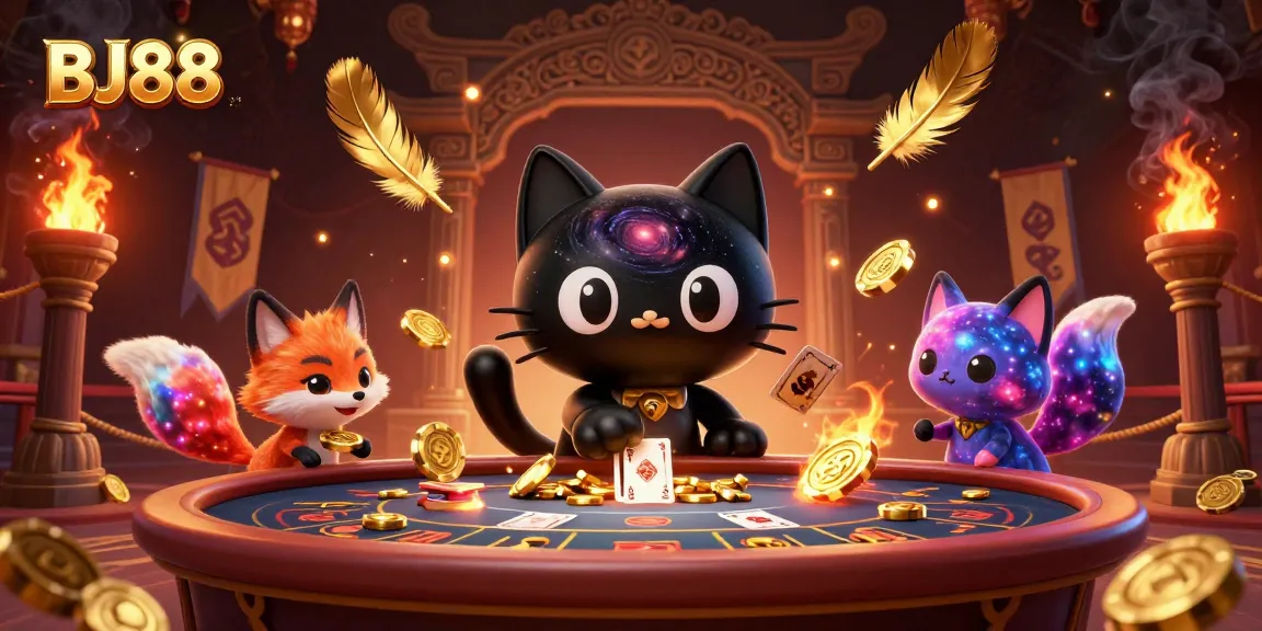 Experience the thrill of BJ88 with a captivating 3D cosmic casino scene featuring unique characters.