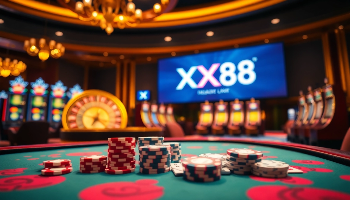 Experience the excitement of gambling at XX88 with poker chips and roulette gameplay.