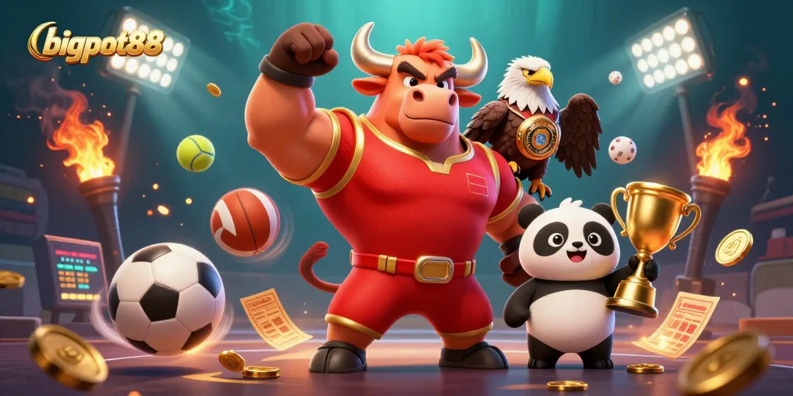 Engage with bigpot88's thrilling casino scene, featuring winning mascot characters in a vibrant 3D illustration.
