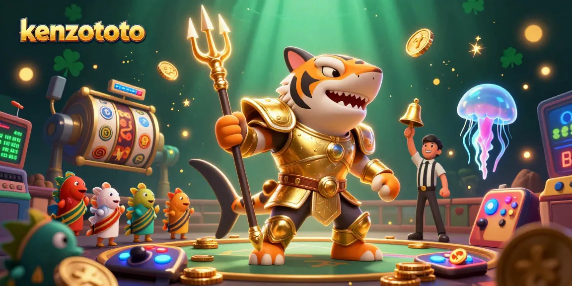 Kenzototo slots scene showcasing a tiger shark in armor and jackpot elements in vibrant colors.