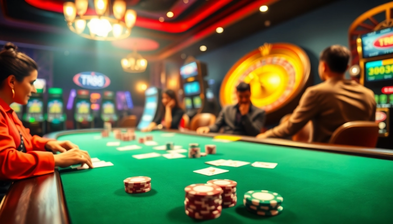 Players engaged in an exciting poker game at TR88 casino tables, showcasing vibrant action and luxury.