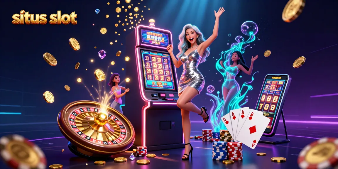 Experience the excitement of situs slot with a stunning woman celebrating a jackpot amidst sparkling casino elements.