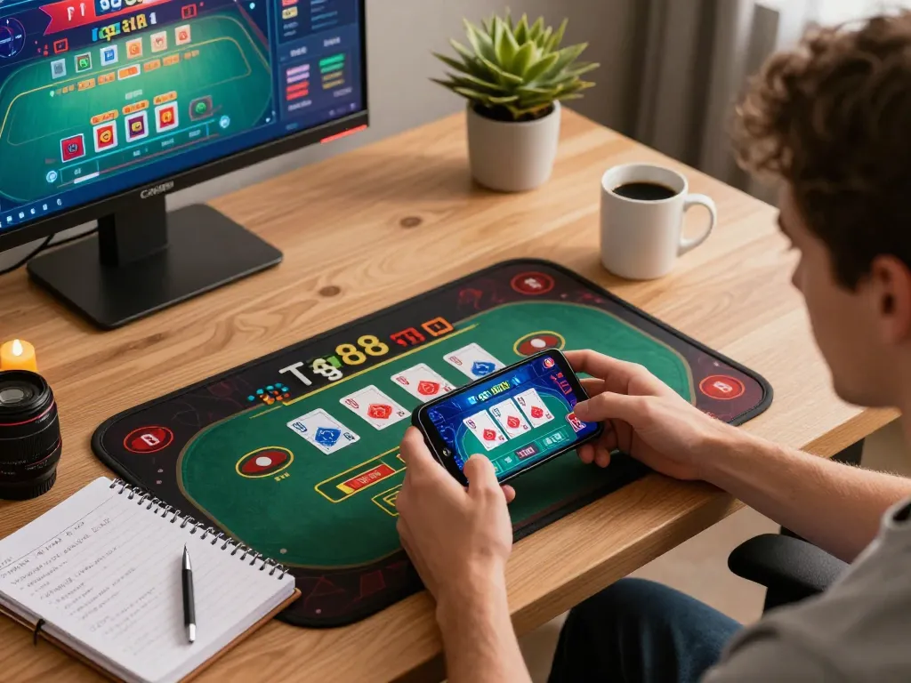 Tg88 casino app active on smartphone showcasing a live dealer game in a welcoming home environment.
