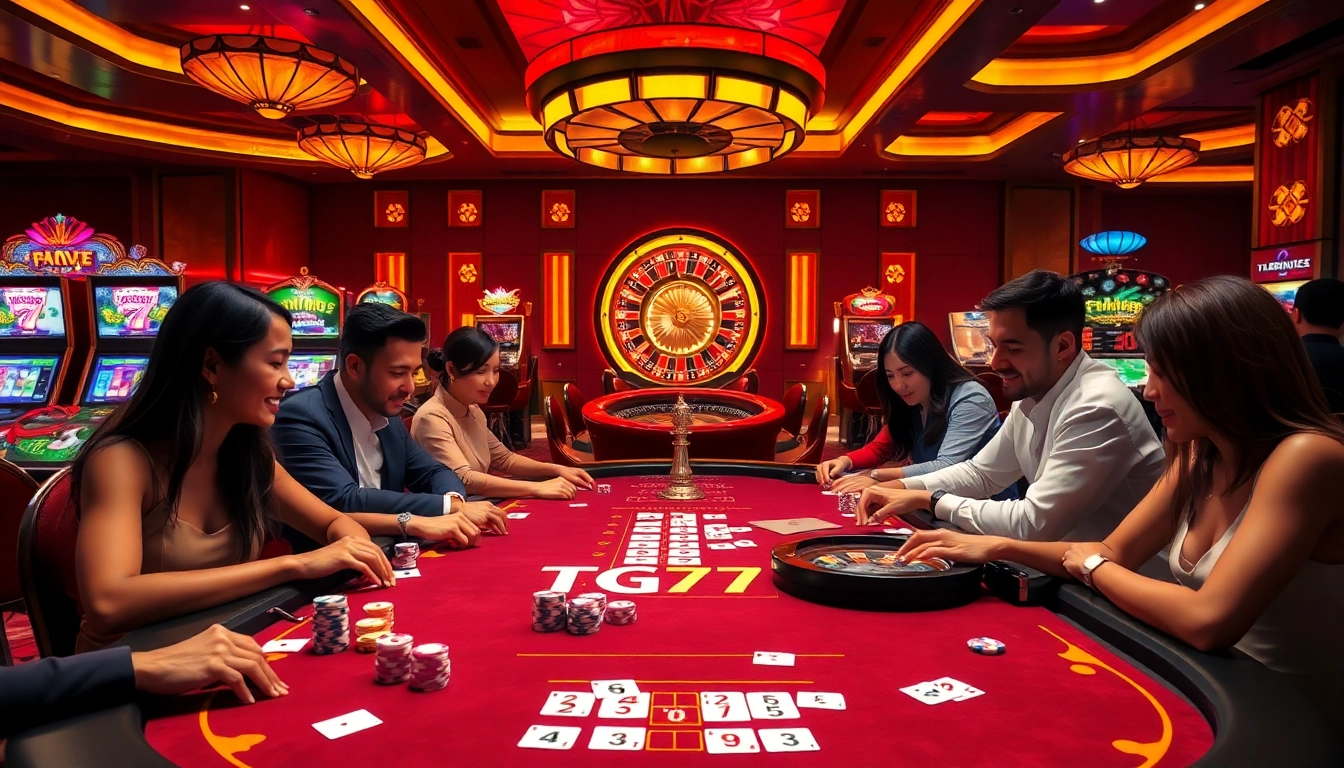Engaged players enjoying games at TG777's luxurious casino, with vibrant tables and slot machines.