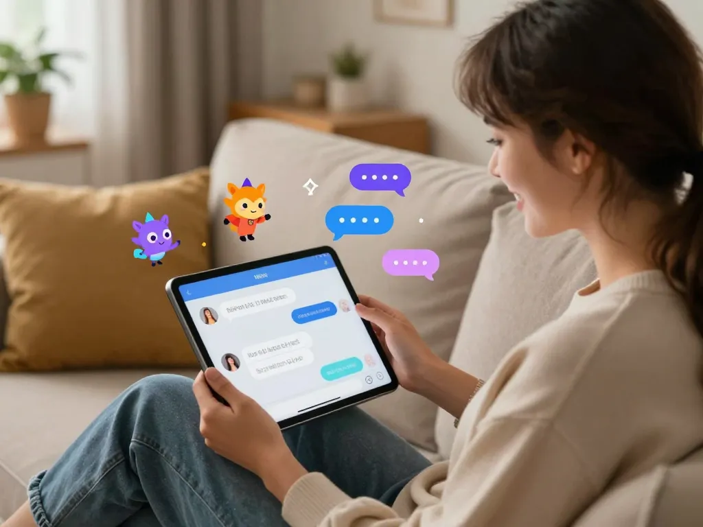 Engaging sex chat ai scene with user enjoying playful interactions on a tablet in cozy lighting.