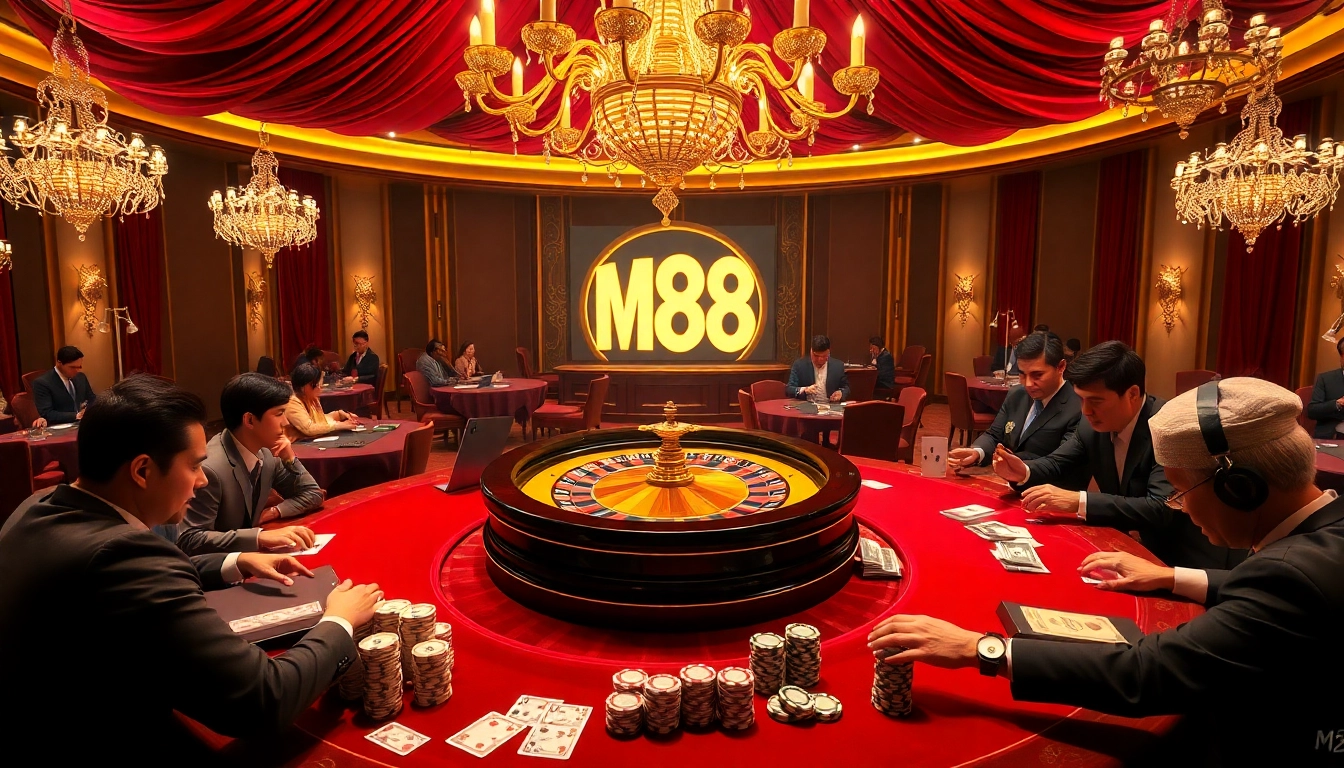 Engaged gamblers playing at an M88-branded roulette table in a luxurious casino ambiance.