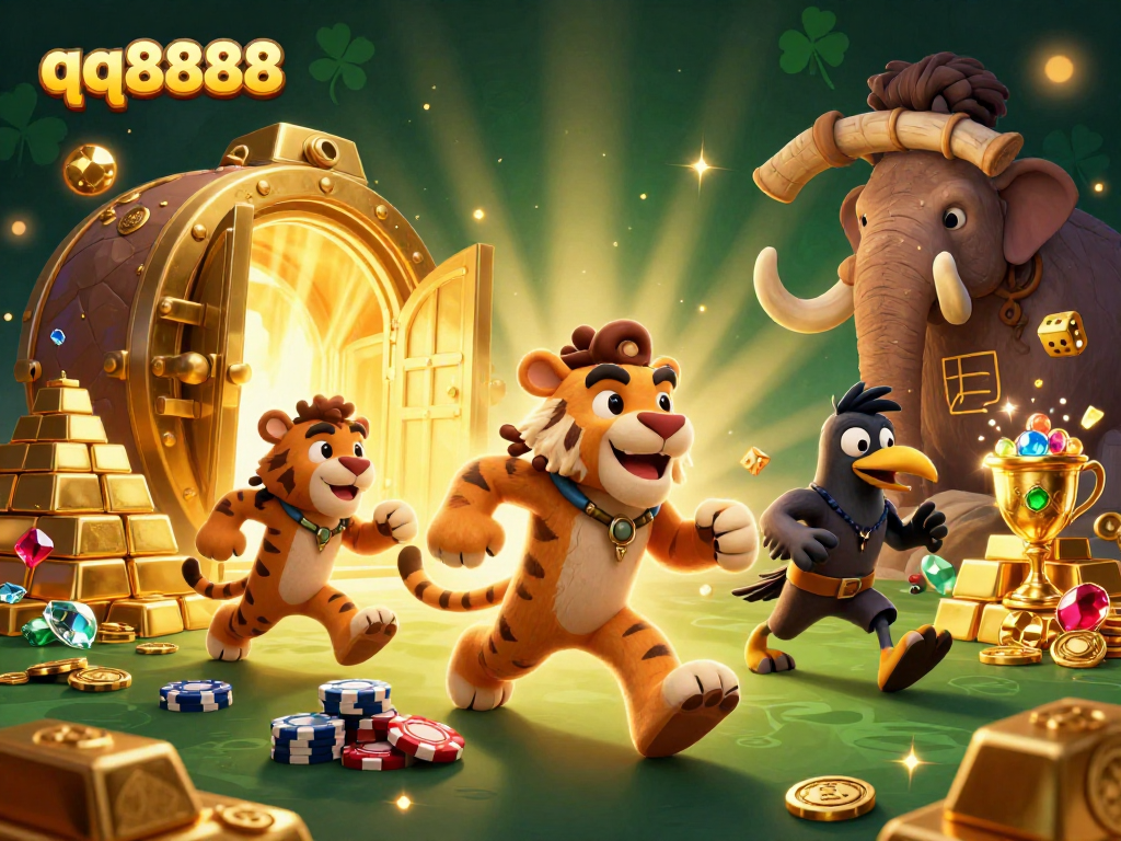 Experience thrilling wins at qq8888's vibrant casino scene, featuring dynamic characters and dazzling treasure.