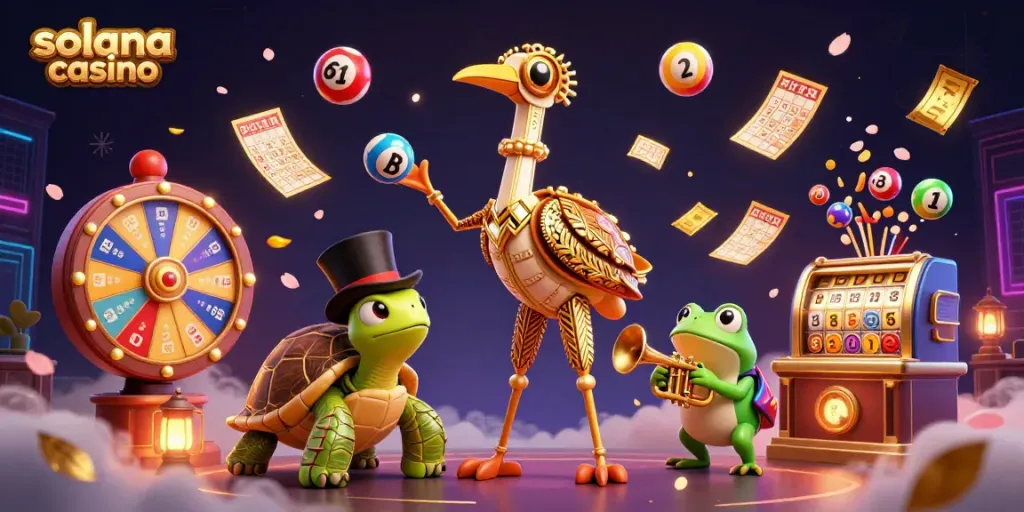 Experience gaming excitement at a solana casino with vibrant lottery actions and unique characters.