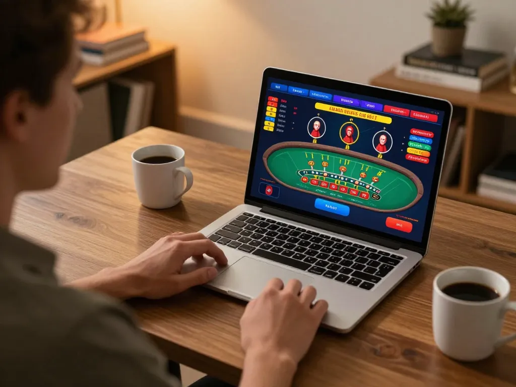 Engaging user betting on THABET live dealer games from a comfortable home setup.