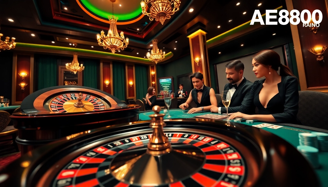 A dynamic casino scene showcasing players enjoying games at AE888 with roulette and poker tables.