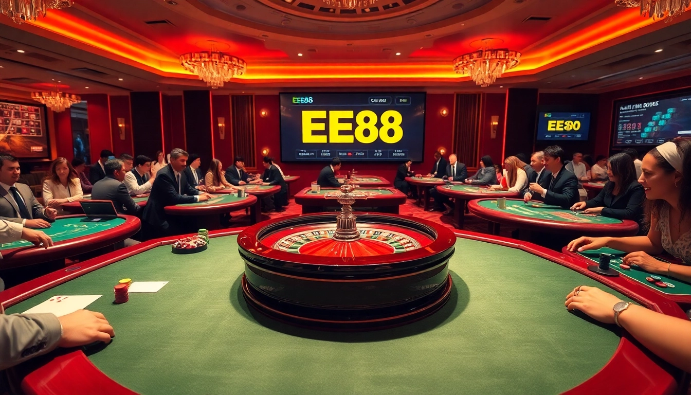 EE88 gamblers enjoying a thrilling roulette game in a vibrant casino environment.