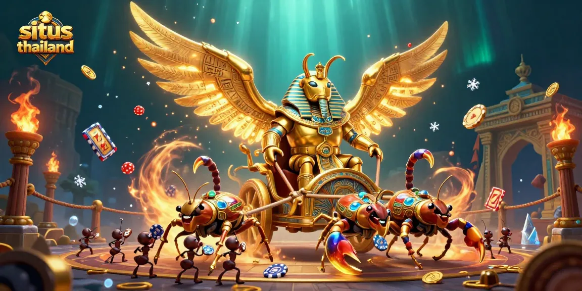 Spark excitement with situs thailand in this vibrant 3D illustration of a dynamic casino scene featuring a colossal golden beetle and scorpions.
