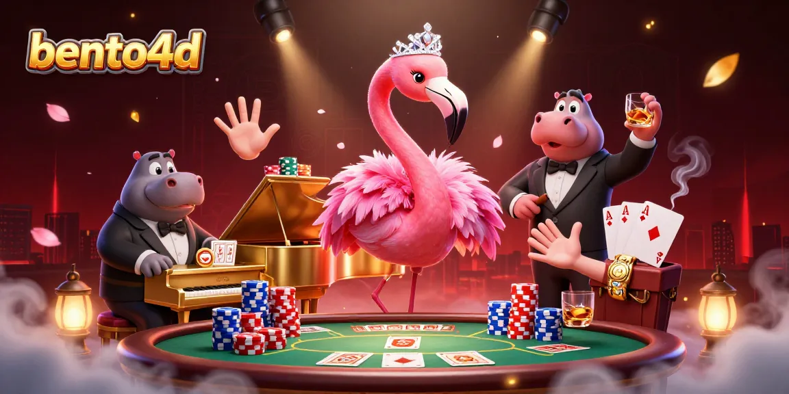 Berinteraksi dengan bento4d dalam suasana kasino yang cerah menampilkan penyanyi flamingo dan pemain bass hippo dengan elemen poker.