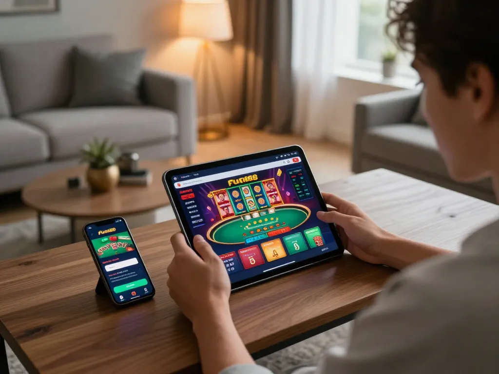 Engaging with the Fun88 app on a tablet for online gaming in a cozy living room setting.