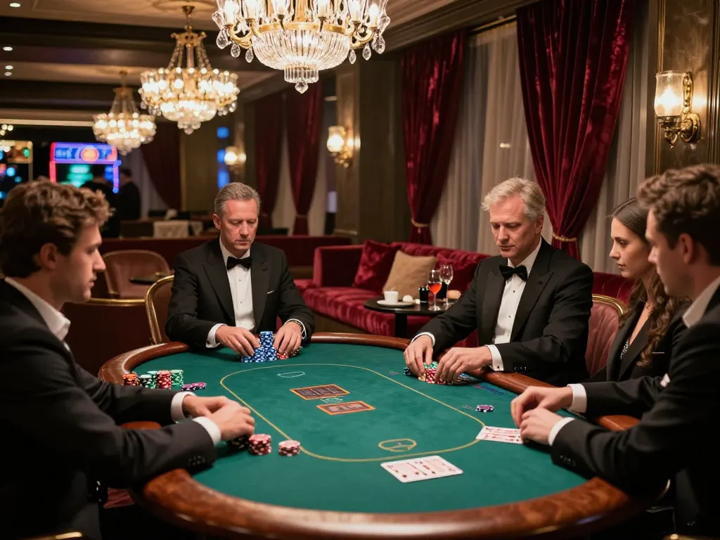 RIKVIP players strategizing at a high-stakes poker table in an elegant casino setting, highlighting the excitement of gambling.
