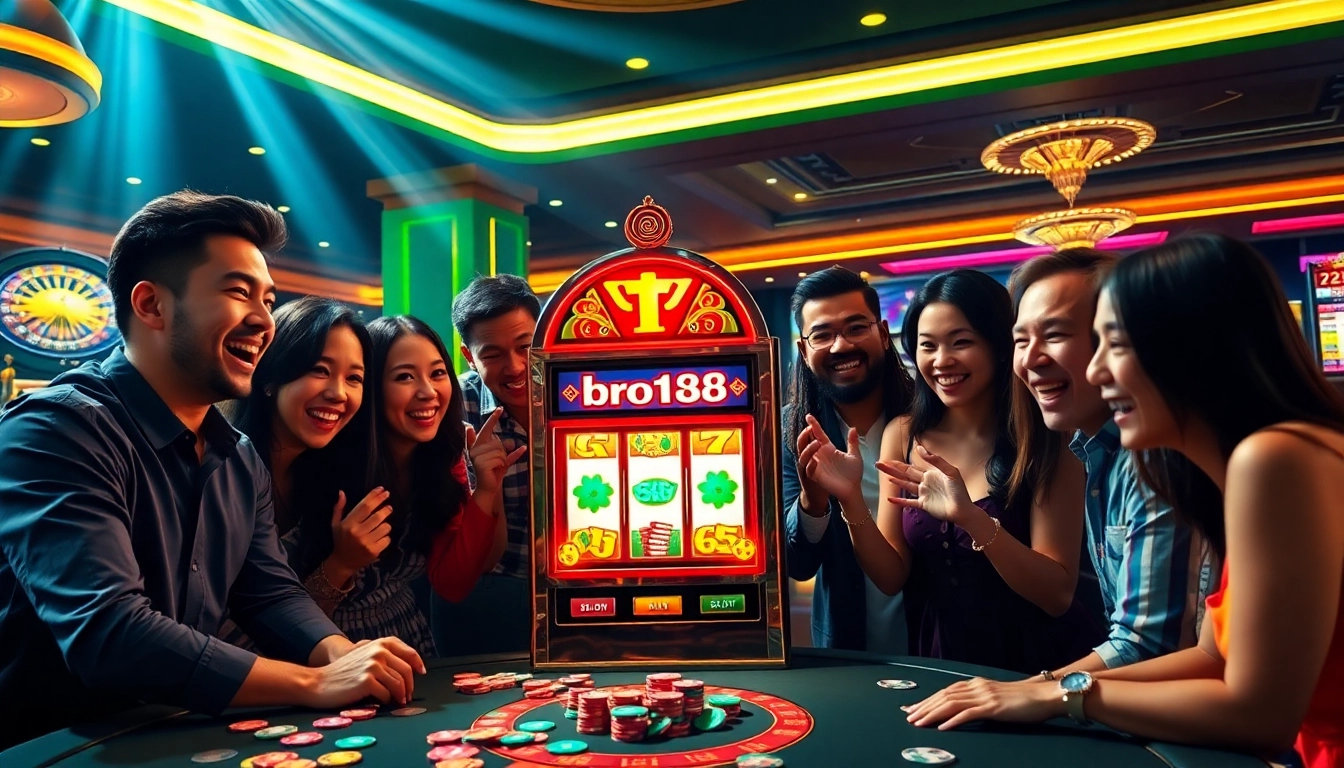 Bro138 players enjoy vibrant slot machines in a luxurious casino setting, showcasing excitement and winning potential.